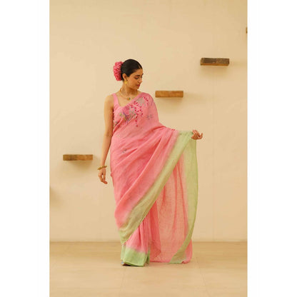 KAVANA Nira Linen Floral Embroidered Saree with Unstitched Blouse