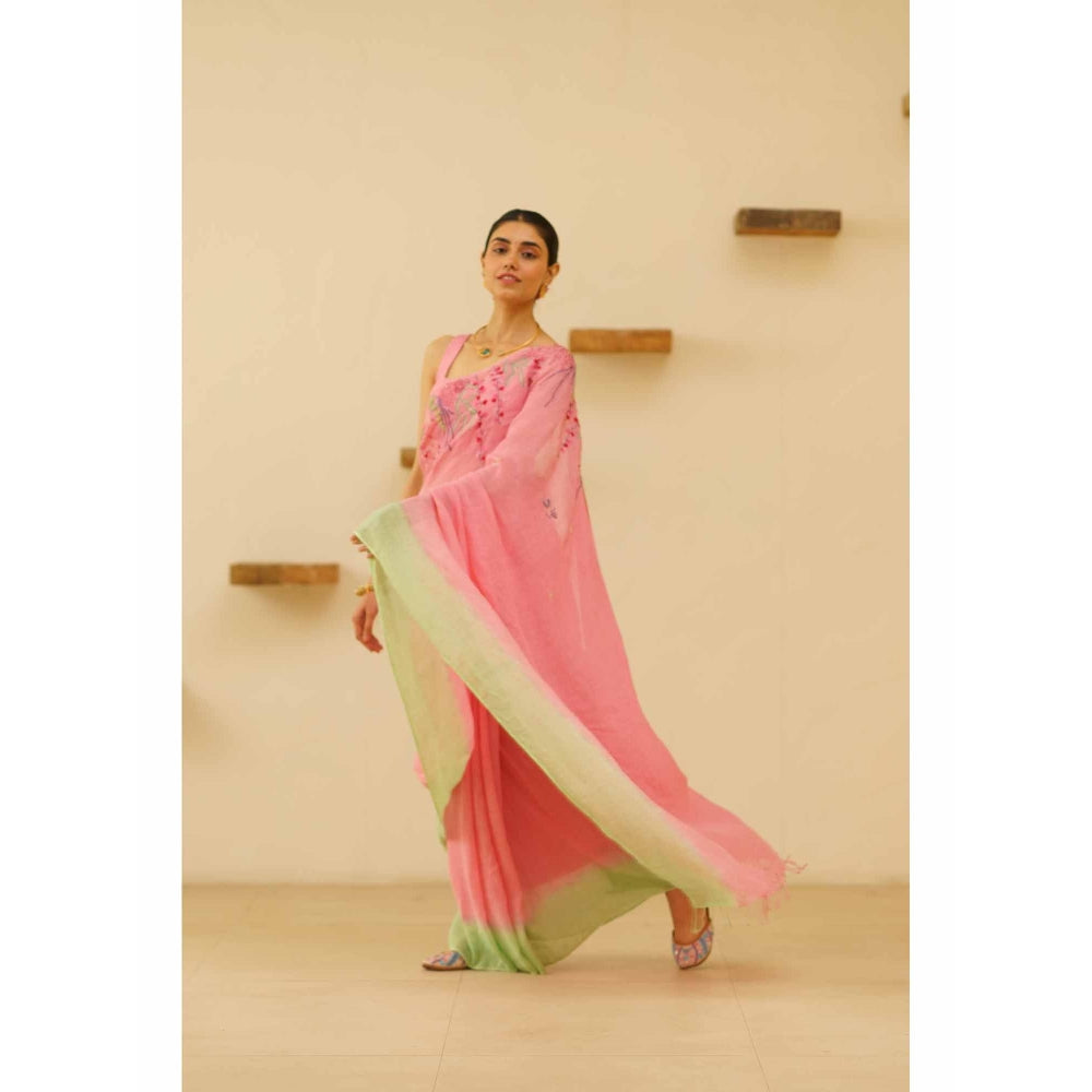 KAVANA Nira Linen Floral Embroidered Saree with Unstitched Blouse