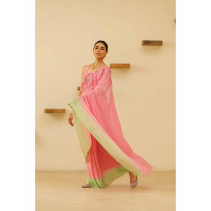 KAVANA Nira Linen Floral Embroidered Saree with Unstitched Blouse