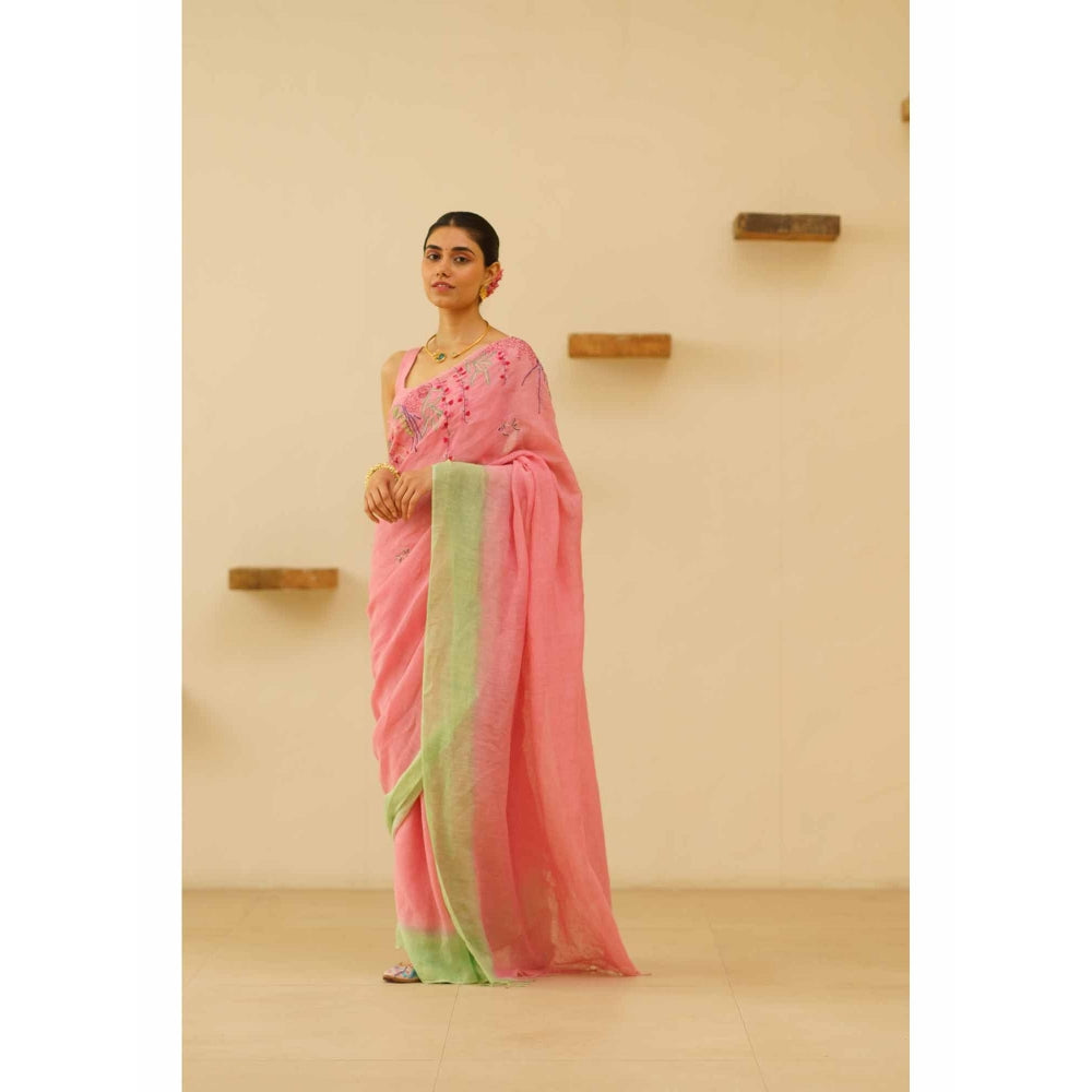 KAVANA Nira Linen Floral Embroidered Saree with Unstitched Blouse