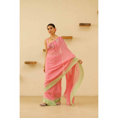 KAVANA Nira Linen Floral Embroidered Saree with Unstitched Blouse