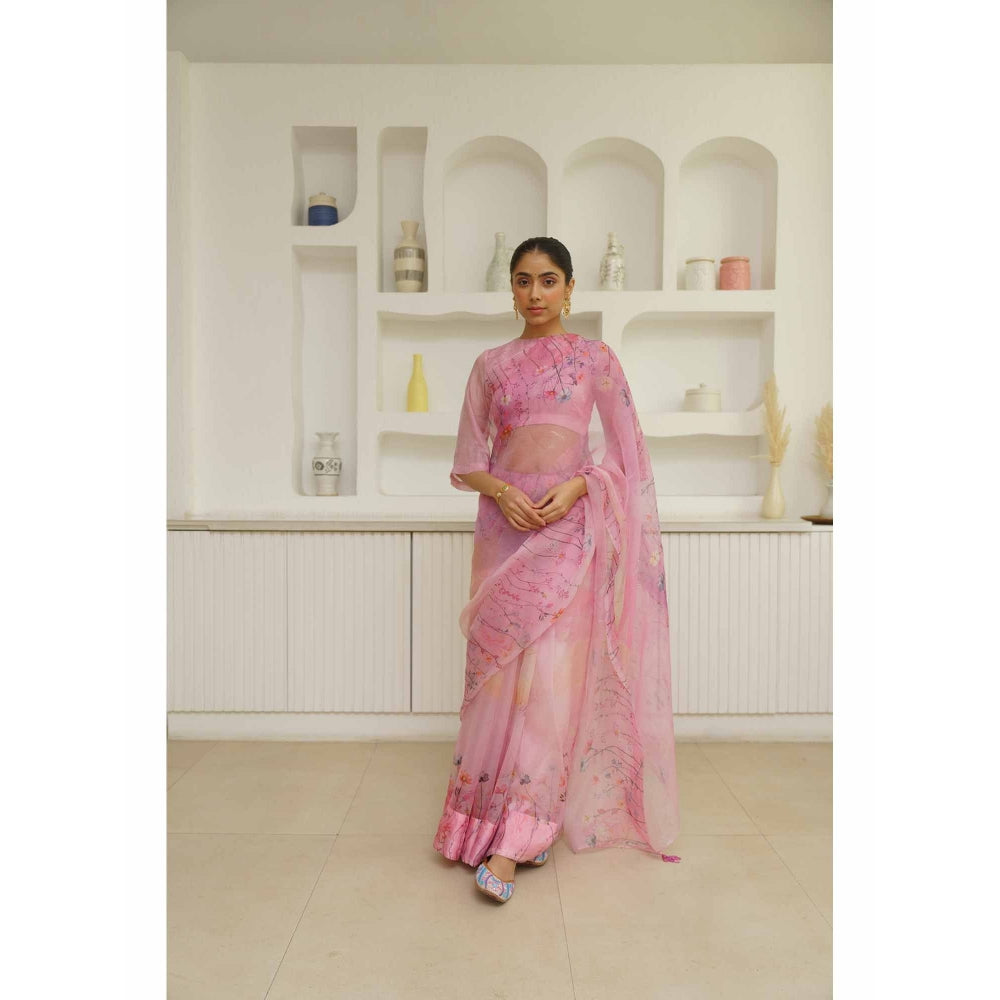 KAVANA Lekha Organza Floral Printed Saree with Unstitched Blouse