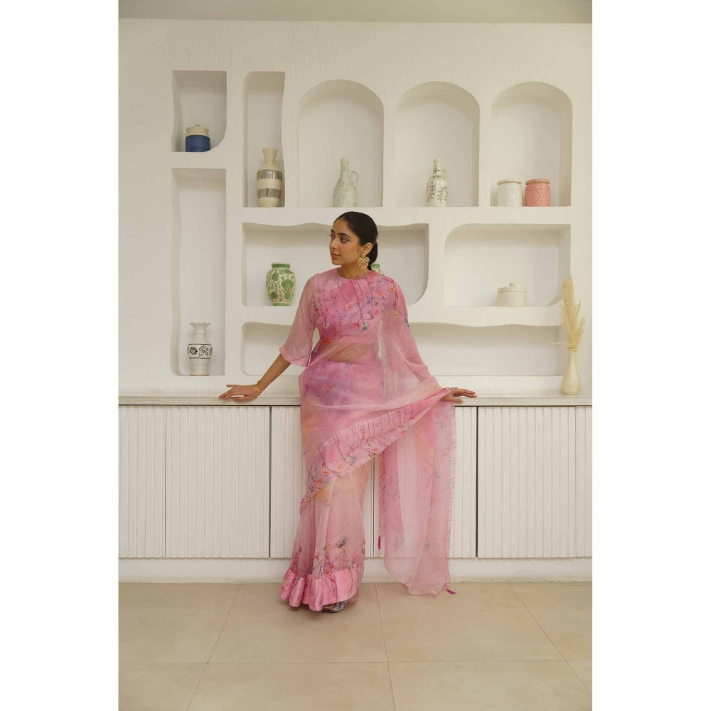 KAVANA Lekha Organza Floral Printed Saree with Unstitched Blouse