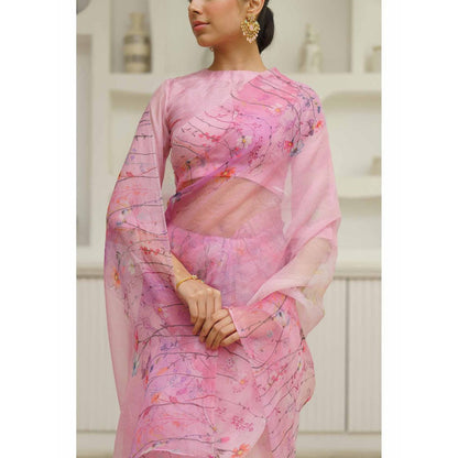 KAVANA Lekha Organza Floral Printed Saree with Unstitched Blouse