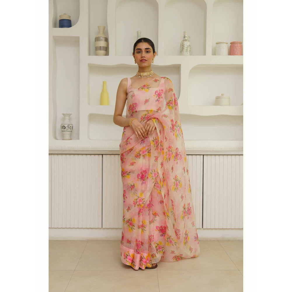 KAVANA Zarin Organza Floral Printed Saree with Unstitched Blouse