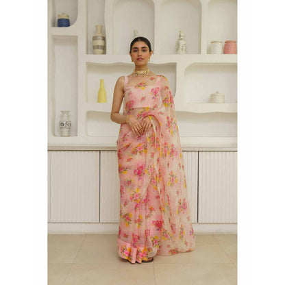 KAVANA Zarin Organza Floral Printed Saree with Unstitched Blouse