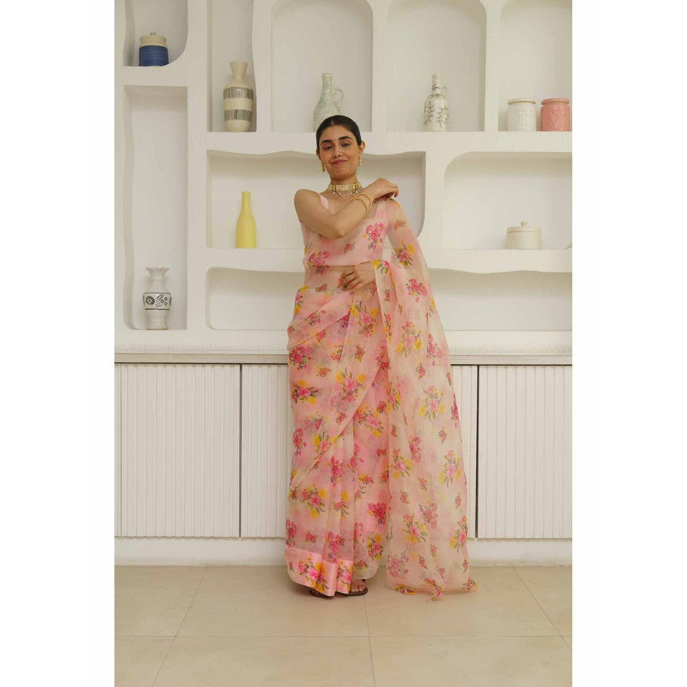 KAVANA Zarin Organza Floral Printed Saree with Unstitched Blouse
