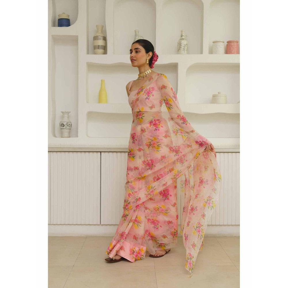 KAVANA Zarin Organza Floral Printed Saree with Unstitched Blouse
