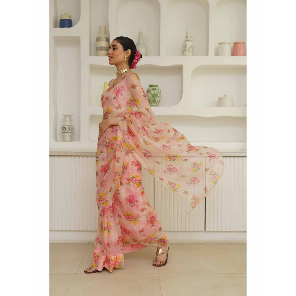 KAVANA Zarin Organza Floral Printed Saree with Unstitched Blouse