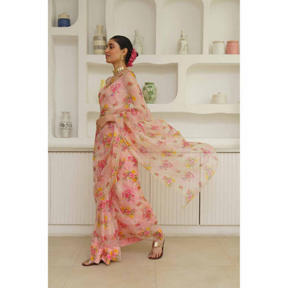 KAVANA Zarin Organza Floral Printed Saree with Unstitched Blouse