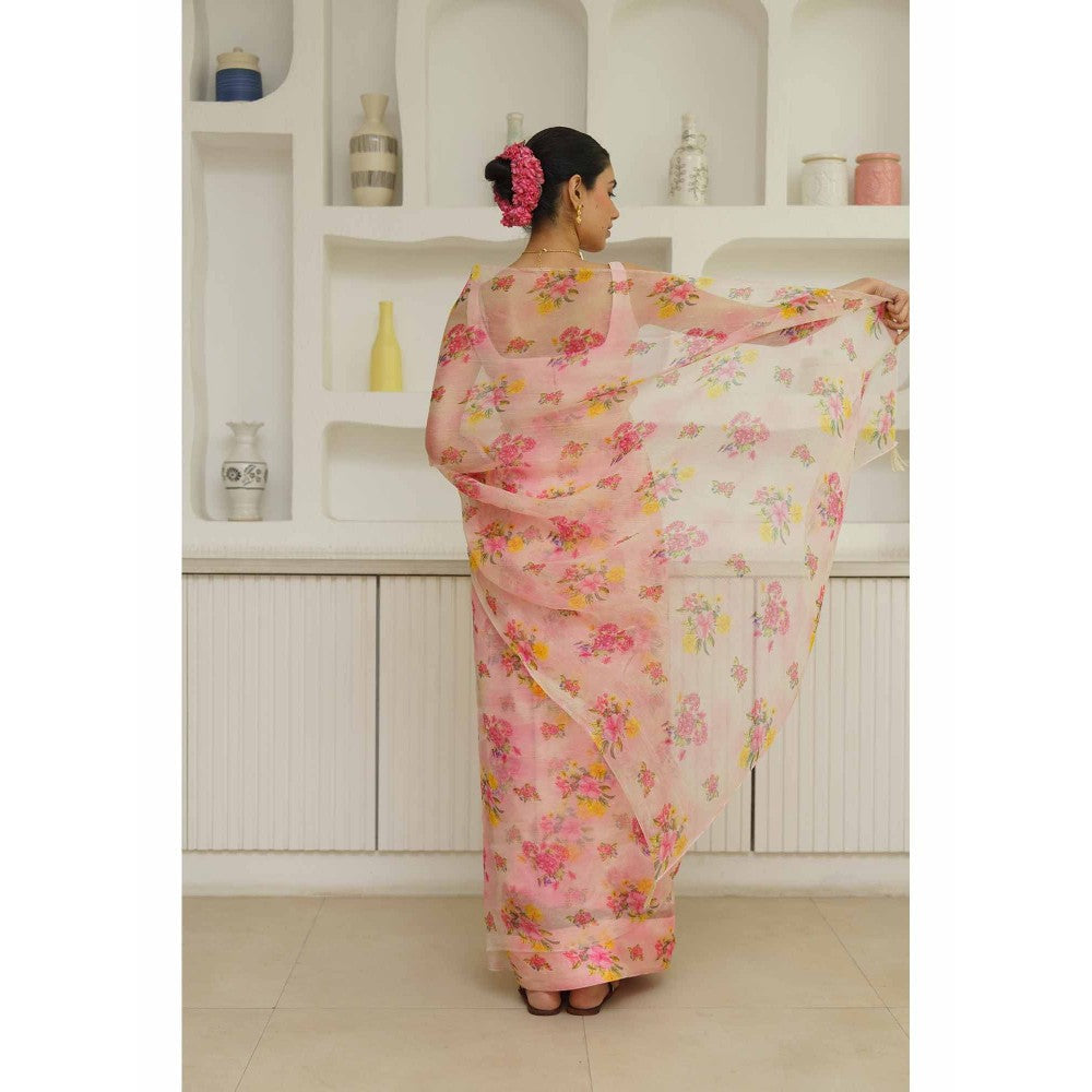 KAVANA Zarin Organza Floral Printed Saree with Unstitched Blouse
