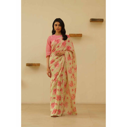 KAVANA Mridula Linen Floral Printed Saree with Unstitched Blouse