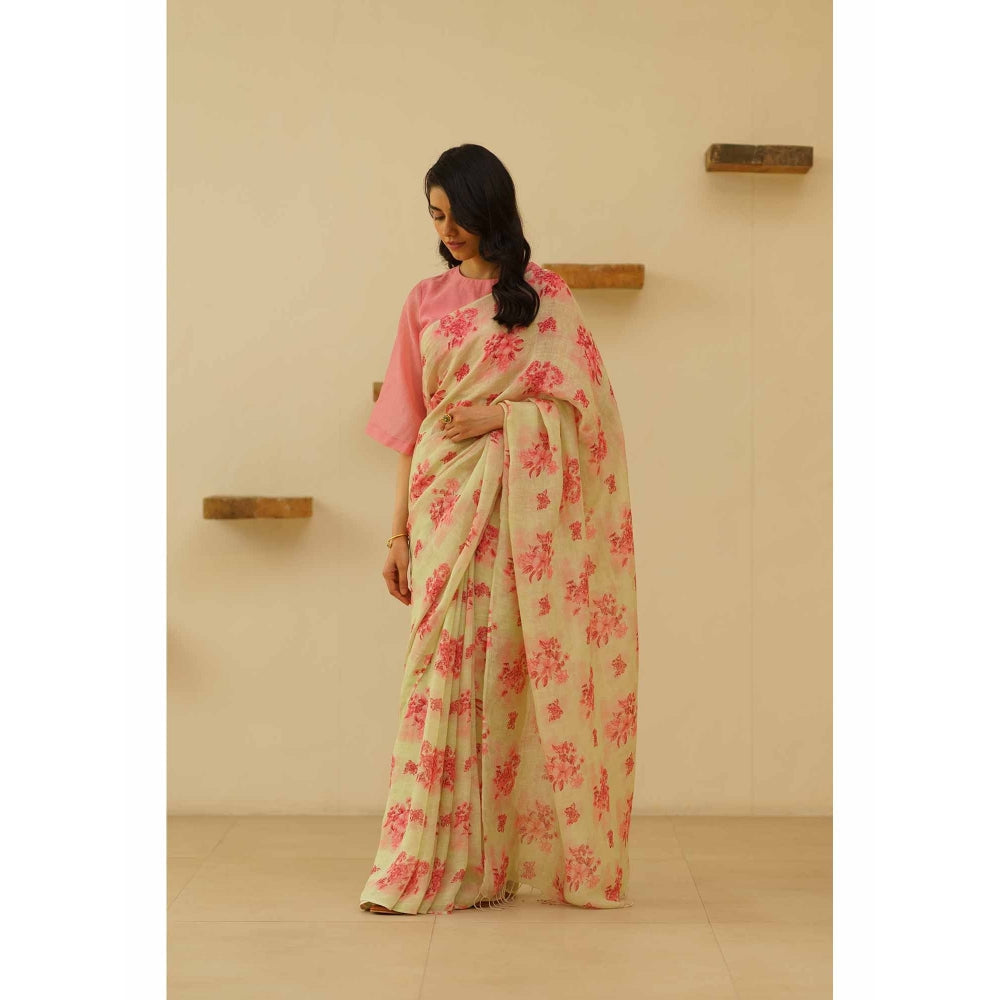 KAVANA Mridula Linen Floral Printed Saree with Unstitched Blouse