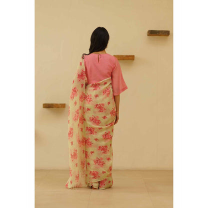 KAVANA Mridula Linen Floral Printed Saree with Unstitched Blouse