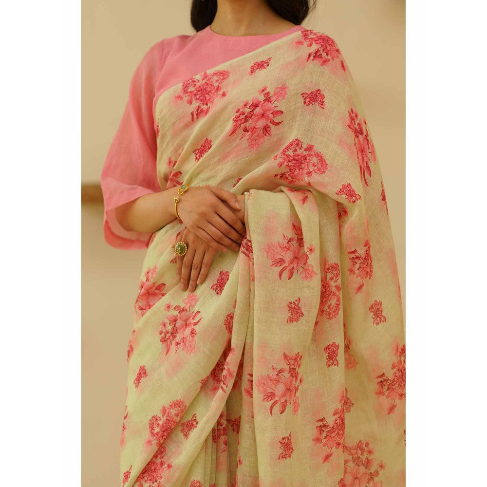 KAVANA Mridula Linen Floral Printed Saree with Unstitched Blouse