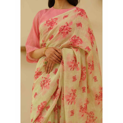 KAVANA Mridula Linen Floral Printed Saree with Unstitched Blouse