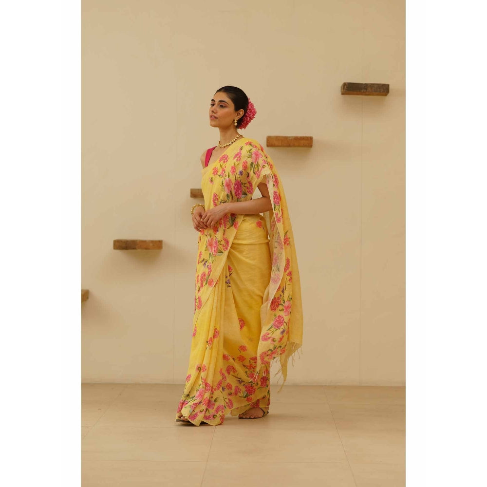 KAVANA Amla Linen Floral Printed Saree with Unstitched Blouse