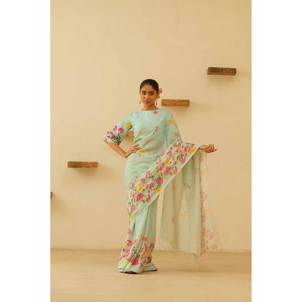 KAVANA Neesa Linen Floral Printed Saree with Unstitched Blouse