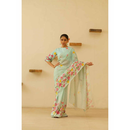 KAVANA Neesa Linen Floral Printed Saree with Unstitched Blouse