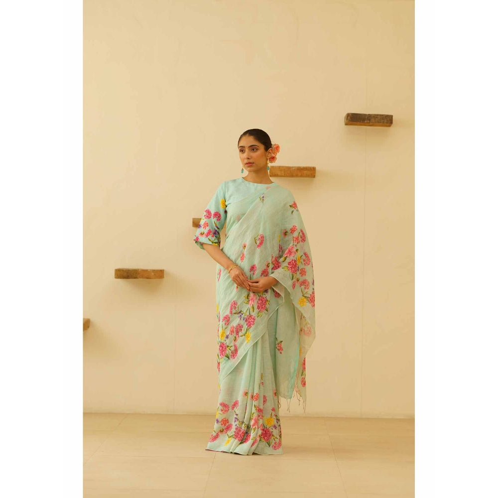 KAVANA Neesa Linen Floral Printed Saree with Unstitched Blouse