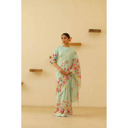 KAVANA Neesa Linen Floral Printed Saree with Unstitched Blouse