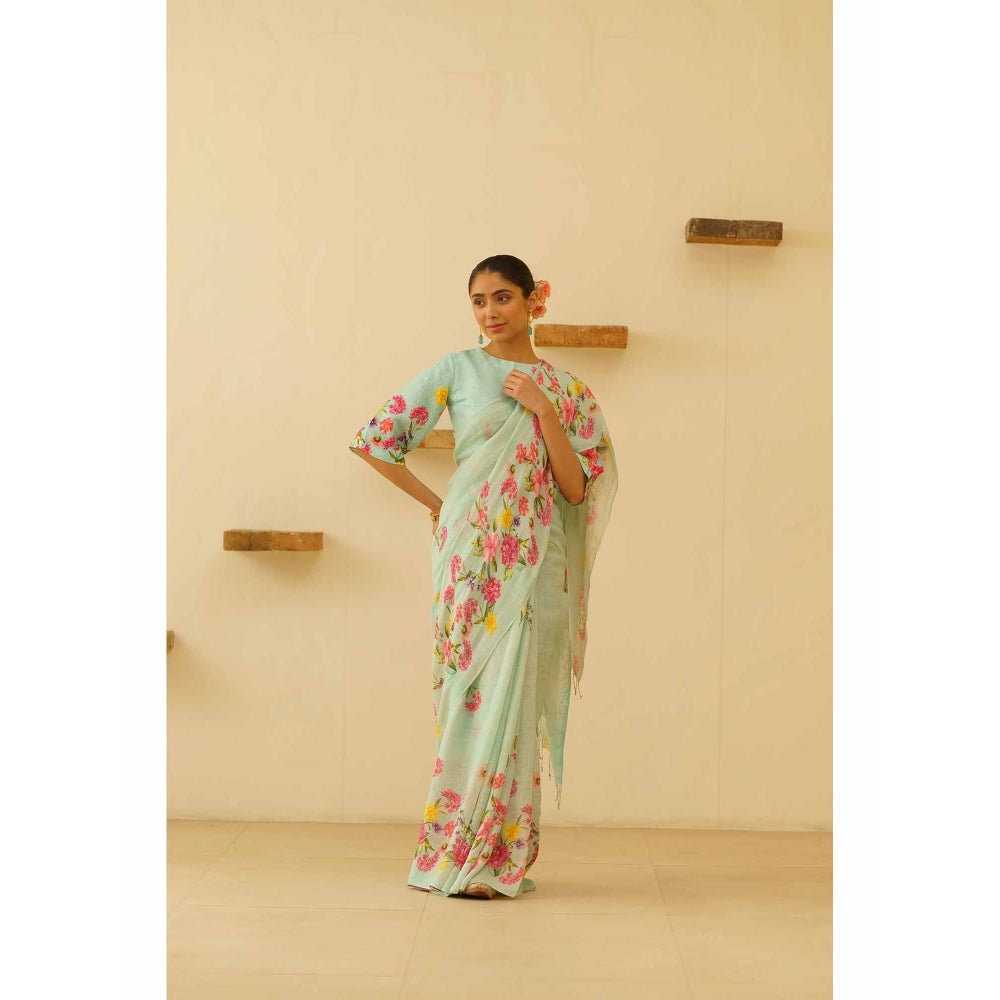 KAVANA Neesa Linen Floral Printed Saree with Unstitched Blouse