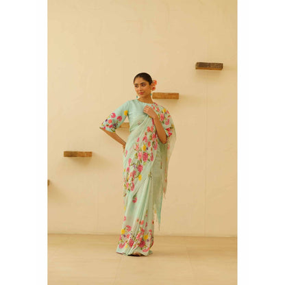KAVANA Neesa Linen Floral Printed Saree with Unstitched Blouse