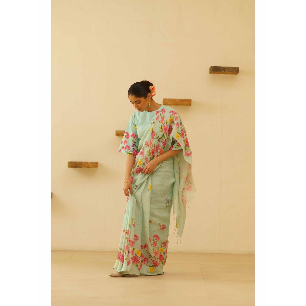 KAVANA Neesa Linen Floral Printed Saree with Unstitched Blouse