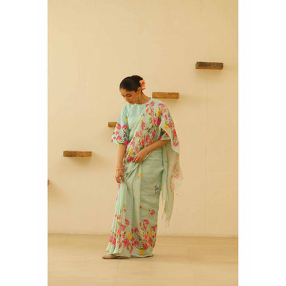 KAVANA Neesa Linen Floral Printed Saree with Unstitched Blouse