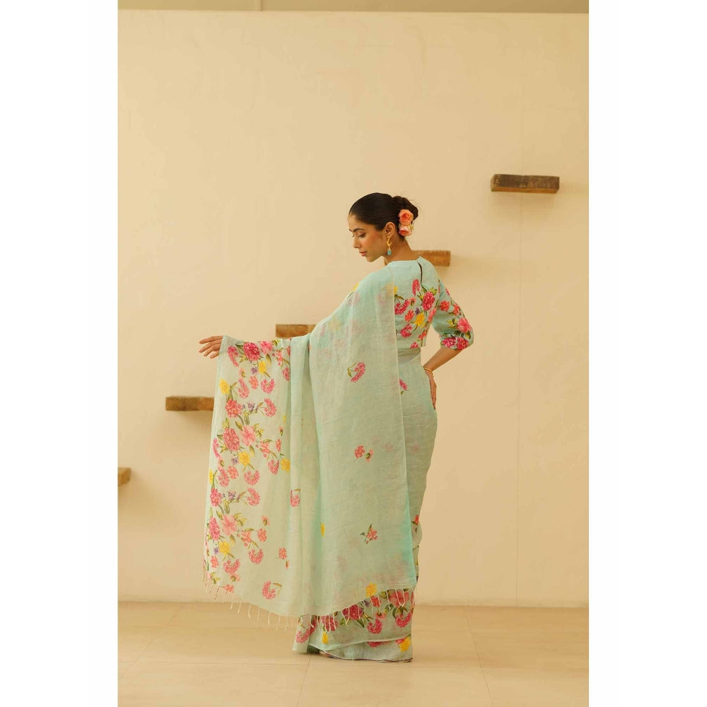 KAVANA Neesa Linen Floral Printed Saree with Unstitched Blouse