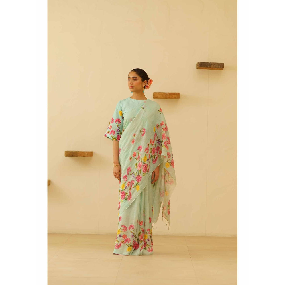 KAVANA Neesa Linen Floral Printed Saree with Unstitched Blouse
