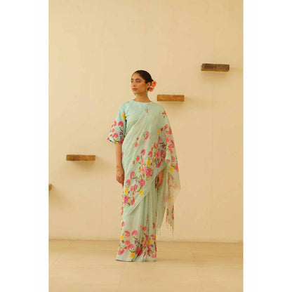 KAVANA Neesa Linen Floral Printed Saree with Unstitched Blouse