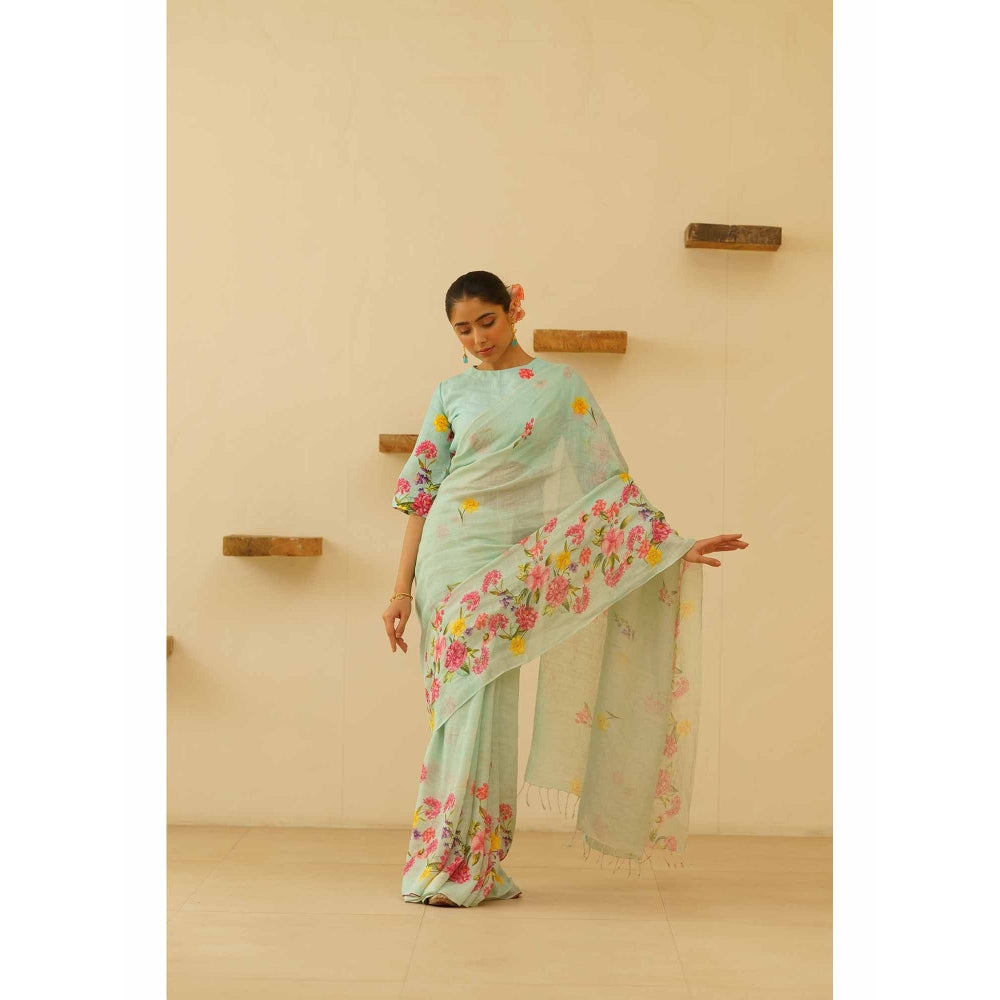 KAVANA Neesa Linen Floral Printed Saree with Unstitched Blouse