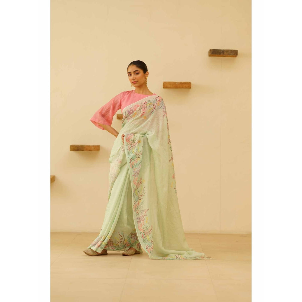 KAVANA Kaveri Linen Floral Printed Saree with Unstitched Blouse