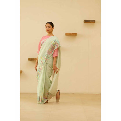 KAVANA Kaveri Linen Floral Printed Saree with Unstitched Blouse