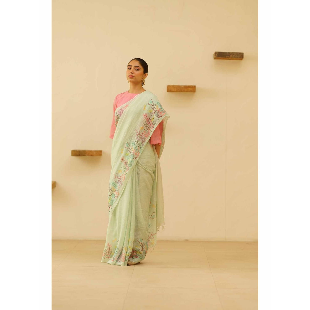 KAVANA Kaveri Linen Floral Printed Saree with Unstitched Blouse