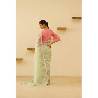 KAVANA Kaveri Linen Floral Printed Saree with Unstitched Blouse