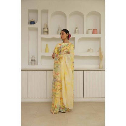 KAVANA Zarf Linen Floral Printed Saree with Unstitched Blouse