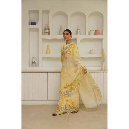 KAVANA Zarf Linen Floral Printed Saree with Unstitched Blouse