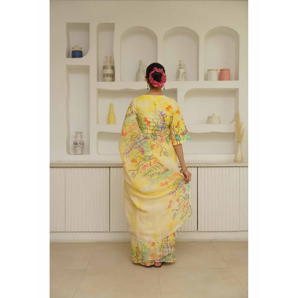 KAVANA Zarf Linen Floral Printed Saree with Unstitched Blouse