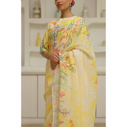 KAVANA Zarf Linen Floral Printed Saree with Unstitched Blouse