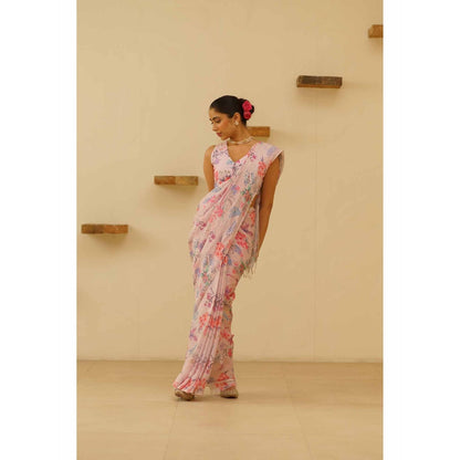 KAVANA Gauhar Linen Floral Printed Saree with Unstitched Blouse