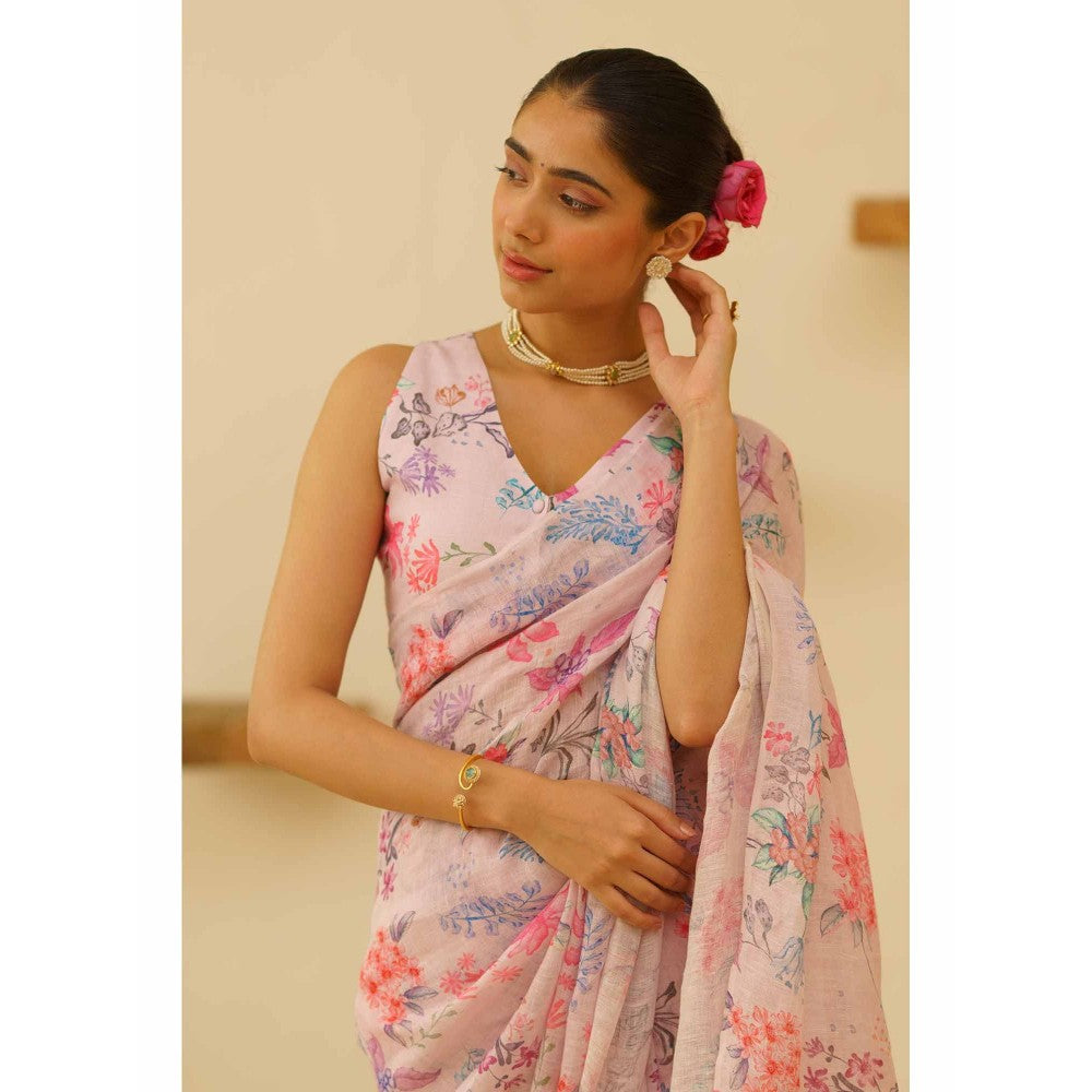 KAVANA Gauhar Linen Floral Printed Saree with Unstitched Blouse