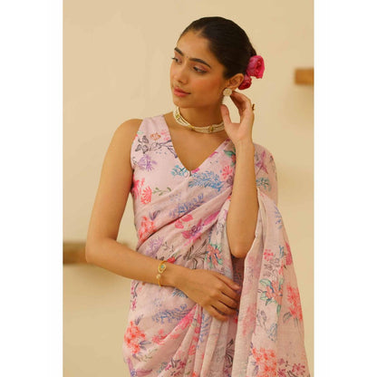 KAVANA Gauhar Linen Floral Printed Saree with Unstitched Blouse