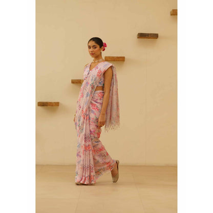 KAVANA Gauhar Linen Floral Printed Saree with Unstitched Blouse