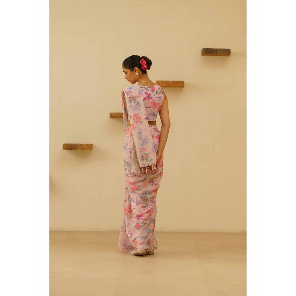 KAVANA Gauhar Linen Floral Printed Saree with Unstitched Blouse