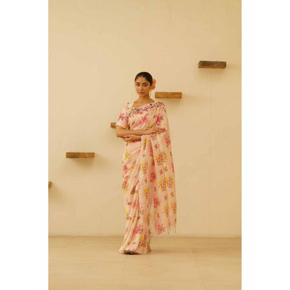 KAVANA Amoli Linen Floral Embroidered Saree with Unstitched Blouse