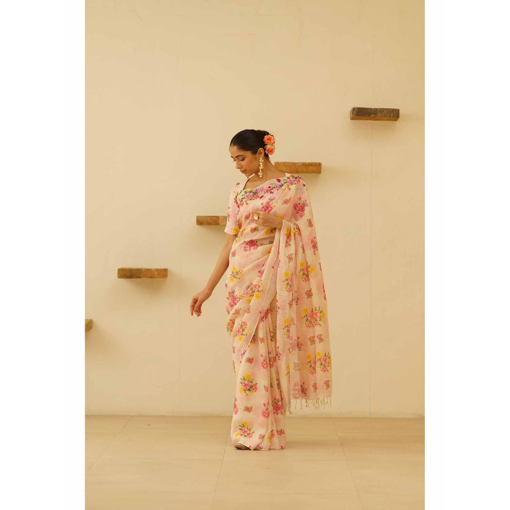 KAVANA Amoli Linen Floral Embroidered Saree with Unstitched Blouse
