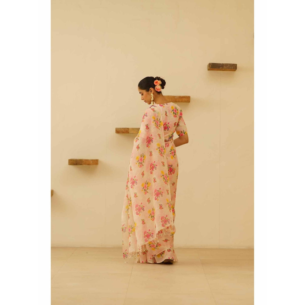 KAVANA Amoli Linen Floral Embroidered Saree with Unstitched Blouse