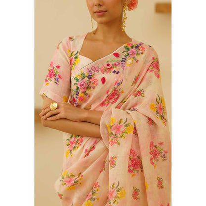 KAVANA Amoli Linen Floral Embroidered Saree with Unstitched Blouse